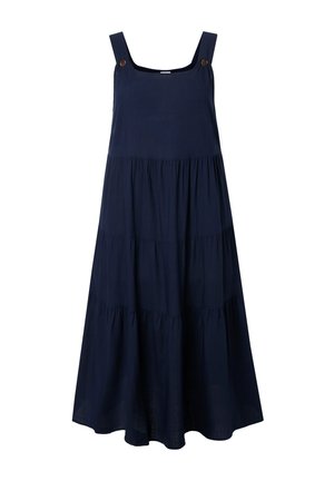 Robe midi bleu marine sans manches avec larges bretelles, détails de boutons aux épaules et jupe froncée à étages sur fond blanc.