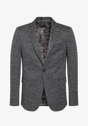 Grå blazer med en strukturerad yta, en knapp, slagkrage och kontrasterande mönstrad inre foder. Har två framfickor.