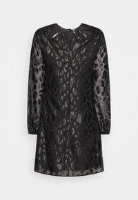 Robe longue noire transparente à manches longues avec imprimé léopard métallique, décolleté en trou de serrure et fermeture à nouer dans le dos.