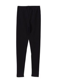 Zwarte legging gemaakt van zachte, rekbare stof. Heeft een gladde tailleband, een slanke pasvorm en een full-length ontwerp. Geen patronen of versieringen.