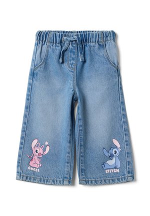 Hellblaue Kinderjeans mit elastischem Bund und Kordelzug, mit pinken Engel- und blauen Stitch-Cartoonmotiven auf jedem Bein.