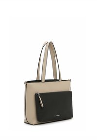 Bolso tote con estructura bicolor, con parte superior beige y sección inferior negra. Cuero liso, forma rectangular y bolsillo con cremallera desmontable.