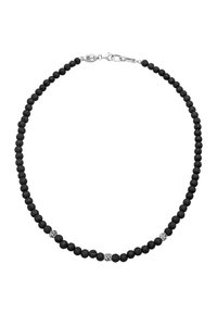 Black lava stone bead necklace with several silver accent beads, secured with a metal lobster clasp. Rounded beads, even texture.