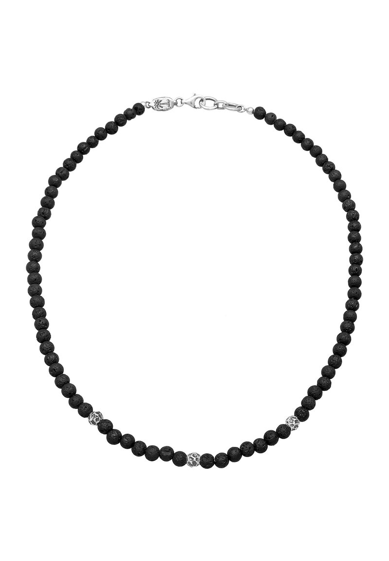 Black lava stone bead necklace with several silver accent beads, secured with a metal lobster clasp. Rounded beads, even texture.