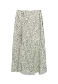 Lichtgroene rok met bloemenprint en kleine blauwe accenten, vervaardigd uit zachte, vloeiende stof, met een geplooide zijkant en een enkellange snit.
