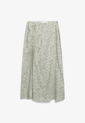 Lichtgroene rok met bloemenprint en kleine blauwe accenten, vervaardigd uit zachte, vloeiende stof, met een geplooide zijkant en een enkellange snit.