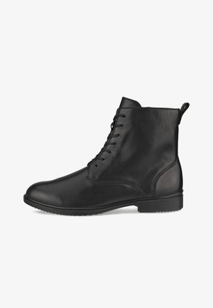 Zwarte leren enkelboot met een gladde afwerking, ronde neus, vetersluiting aan de voorkant en een lussen achteraan. Rubberen zool voor grip.
