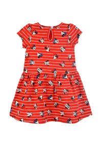 Rotes Kleid mit einem gestreiften Muster und kleinen Mickey- und Minnie-Mouse-Drucken. Kurze Ärmel, runder Ausschnitt und ein ausgestellter Rock.