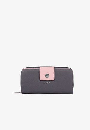 Graue Geldbörse mit pinkfarbenem Akzentklappe, aus strukturiertem Material und mit Logodetail. Reißverschlussverschluss und rechteckiges Design.