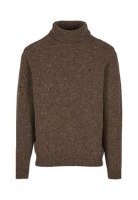 Brauner Rollkragenpullover aus strukturiertem Strickstoff mit hellen Farbnuancen, ausgestattet mit gerippten Bündchen und Saum sowie einem kleinen Logo-Element.