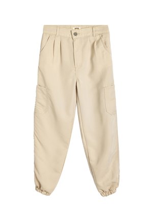 Beige cargobukser med elastiske manchetter, plisseret front, to sidelommer og lukning med en øverste knap. Fremstillet af blødt, glat stof.