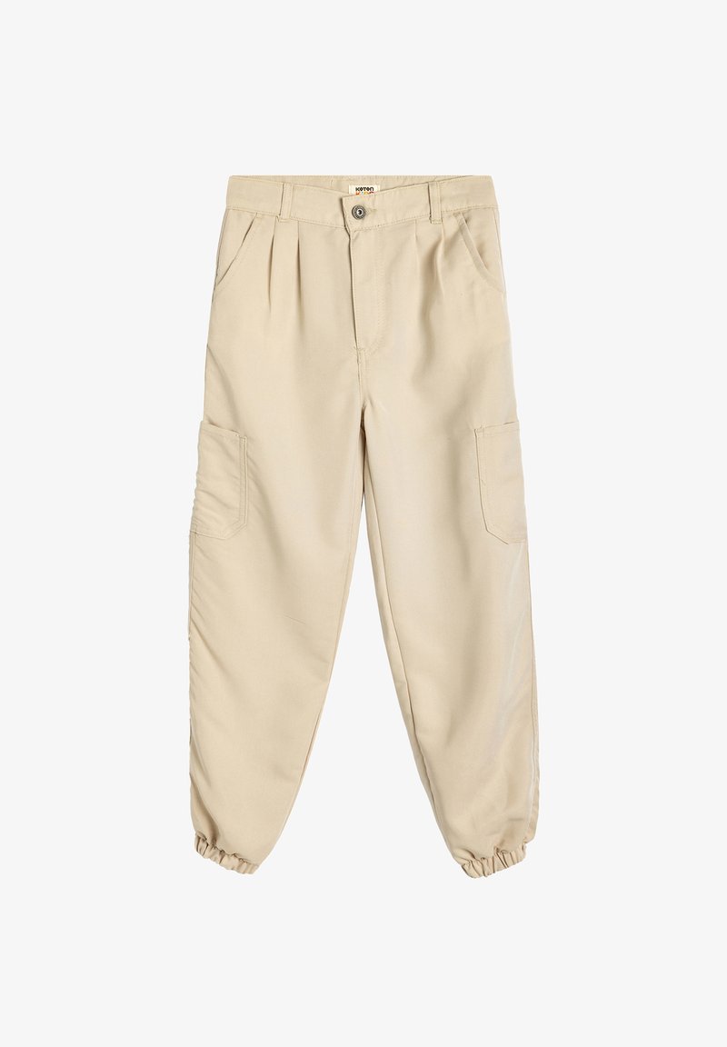 Beige cargobukser med elastiske manchetter, plisseret front, to sidelommer og lukning med en øverste knap. Fremstillet af blødt, glat stof.