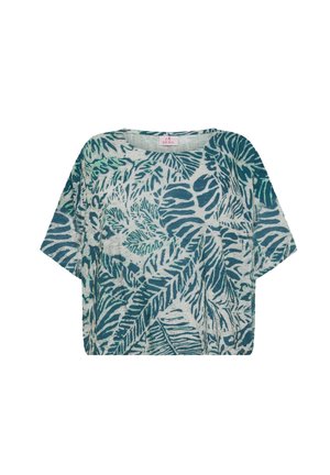 Top de manga corta en verde y azul con un patrón de hojas, confeccionado en tela suave; ajuste relajado con escote redondo y hombros caídos.