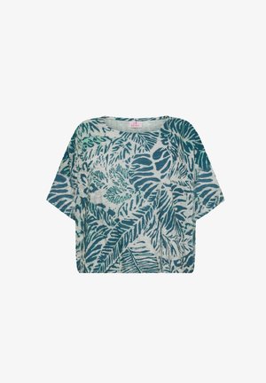 Top de manga corta en verde y azul con un patrón de hojas, confeccionado en tela suave; ajuste relajado con escote redondo y hombros caídos.
