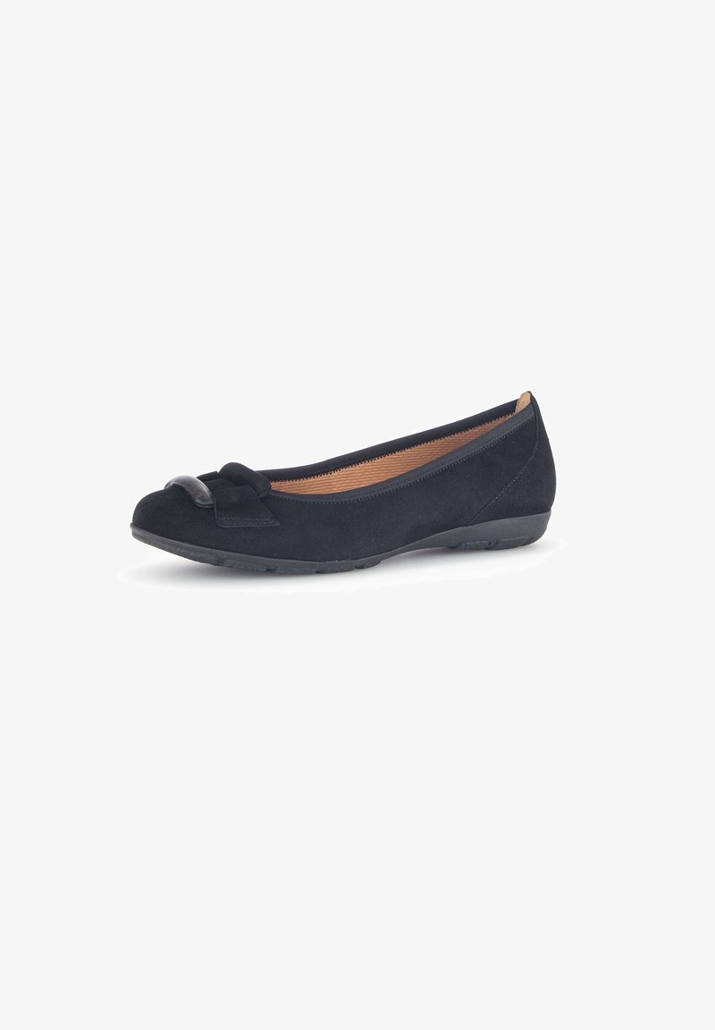 Zwarte suède ballerina's met een ronde neus, voorzien van een decoratieve strik aan de voorkant en een gemodelleerde rubberen zool.