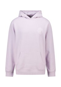 Vaaleanlila huppari, jossa on kengurun tasku, säädettävä huppu ja valkoinen kukkakuva vasemmassa rinnassa. Pehmeää puuvillamateriaalia.