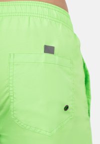 Felgroene zwembroek met een elastische tailleband, achterzak met een grijze patch en zwarte oogjes. Glad, lichtgewicht stof.