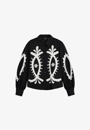 Bluza neagră cu modele florale albe îndrăznețe, cu guler, nasturi în față și mâneci bufante. Confecționată dintr-un material ușor.