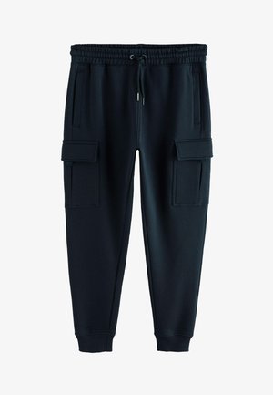 Schwarze Cargo-Jogginghose mit elastischem Bund, Kordelzug, zwei Seitentaschen und zwei Cargo-Taschen aus einem weichen, strukturierten Stoff.