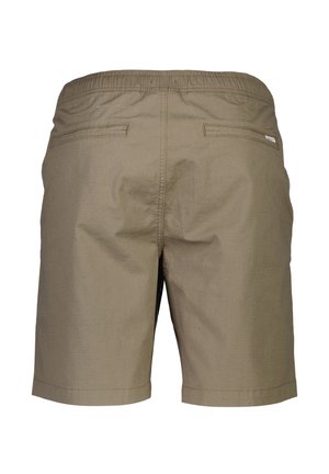 Tan shorts with an elastic waistband, featuring two back pockets and a flat seam finish. The fabric has a subtle texture.
