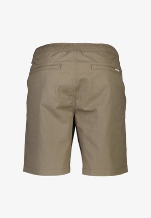 Vaaleanruskeat shortsit, joissa on joustava vyötärö, kahdella takataskulla ja litteällä sauman viimeistelyllä. Kankaassa on hienovarainen textura.