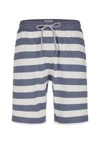 Pantalones cortos a rayas azules y blancas con cintura elástica, hechos de una tela suave, de longitud hasta la rodilla, con rayas horizontales.