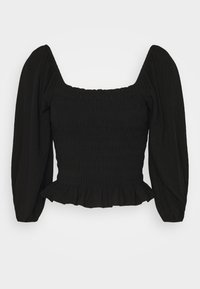 Haut noir avec un décolleté carré, corsage à smocks et manches longues bouffantes. Caractérisé par un ourlet volanté et un tissu doux et texturé.