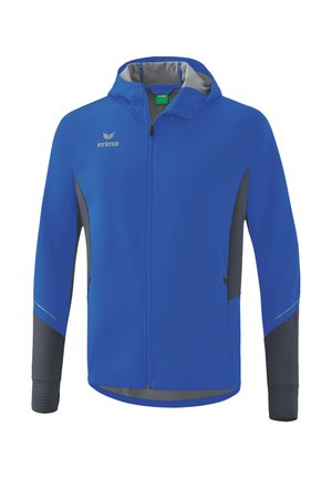 Blaue Kapuzenjacke mit Reißverschluss, grauen Seitenpaneelen, grauem Innenfutter und reflektierenden Details an den Ärmeln, mit Erima-Logo auf der Brust.