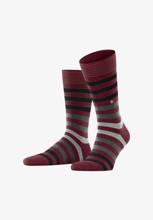 Coppia di calze al ginocchio a righe orizzontali in bordeaux, nero, grigio e grigio chiaro, esposte su uno sfondo bianco.