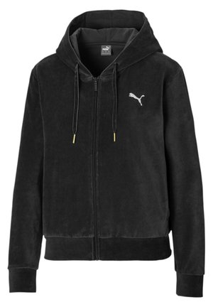 Sweat à capuche zippé en velours noir avec cordons et logo Puma blanc sur la poitrine gauche, poignets et ourlet côtelés.