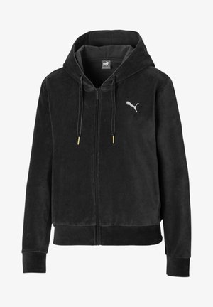 Schwarzer Velours-Kapuzenpullover mit Reißverschluss, Kordelzug und weißem Puma-Logo auf der linken Brust, Rippbündchen an Ärmeln und Saum.