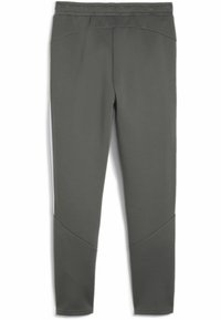 Szare spodnie sportowe wykonane z gładkiego materiału, charakteryzujące się zwężającym się krojem i kontrastującymi białymi akcentami po bokach oraz szczegółowymi szwami.