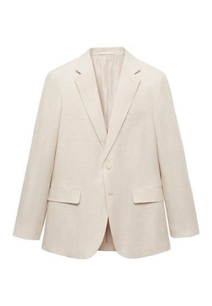 Lichtbeige linnen blazer met revers, enkele knoopsluiting, twee voorzakken en een borstzak; gladde textuur en getailleerde pasvorm.