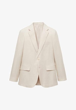 Svijetlosmeđi laneni sako s reverima, zatvaranjem na jedan gumb, dva prednja džepa i džepom na prsima; glatka tekstura i prilagođeni kroj.