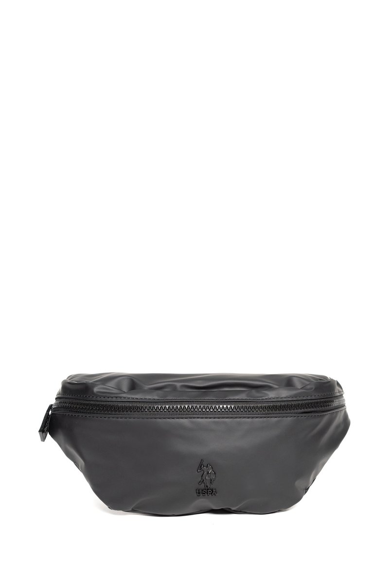 Marsupio nero realizzato in materiale liscio e resistente, con chiusura a zip e logo impresso sulla parte anteriore. Design compatto e snello.