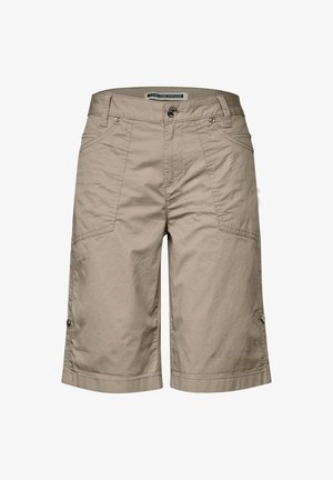 Beige cargoshorts met een knoopsluiting, twee zijzakken, platte naden en afgewerkte zomen, gemaakt van een lichte stof met een gestructureerd oppervlak.