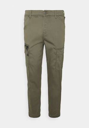 Pantalons cargo vert olive avec une coupe ajustée, dotés de plusieurs poches, d'une poche latérale zippée et d'une texture en mélange de coton lisse.