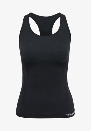 Zwarte sport tanktop met een racerback ontwerp. Gemaakt van een gestructureerde, ademende stof, met contrasterende meshpanelen en een subtiele logo.