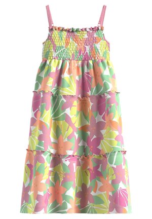 Robe florale avec un corsage froncé, des bretelles fines roses et des couches en cascade aux couleurs vives : motifs floraux pink, vert, orange et jaune.