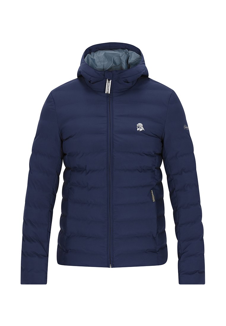 Marineblauer isolierter Jacke mit Kapuze, gestepptem Design, Frontreißverschluss und Logo auf der Brust. Verfügt über eine glatte Textur und eine verstellbare Passform.