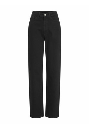 Schwarze hochgeschnittene Jeans mit geradem Bein, aus Denimstoff gefertigt, mit einem vorderen Knopf- und Reißverschluss und minimalen Steppnähten.