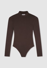 Body lungo marrone con maniche lunghe, caratterizzato da un collo alto, design aderente e texture liscia, con chiusura a pressione nella parte inferiore.