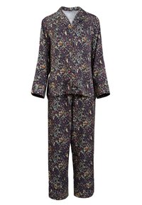 Pijamas com estampa floral em azul marinho escuro, apresentando uma blusa de botão com colarinho e mangas longas, e calças combinando, feitas de um tecido macio.
