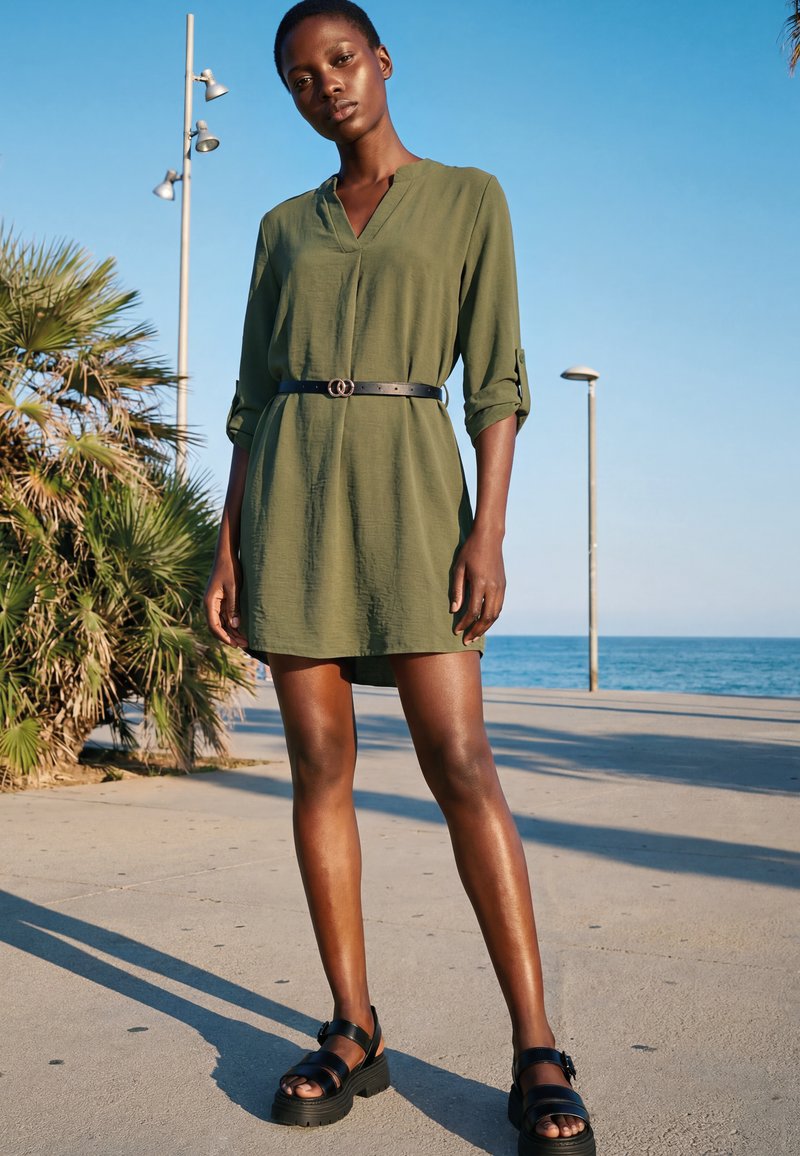 Mlada žena u maslinasto zelenoj haljini s remenom i crnim sandalama na platformu stoji na šetnici uz more osvijetljenoj suncem s palmama.