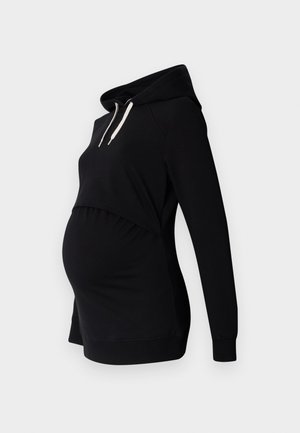 Black maternity hoodie with a relaxed fit, featuring a cropped design, long sleeves, drawstring hood, and gathered side panels for comfort.