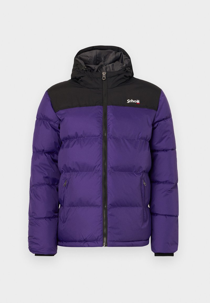 Giacca a vento viola con la parte superiore nera, chiusura a zip, cappuccio removibile, tasche laterali e polsini elastici. Presenta un logo sul petto.