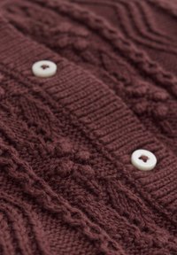 Burgunderfarbener Strickpullover mit verschiedenen strukturierten Mustern, einschließlich Zopfmuster und Bobbel-Details. Weiße Knöpfe setzen Akzente an der Vorderseite.