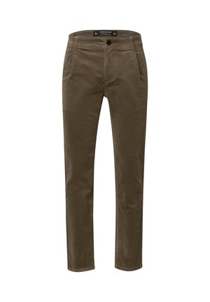 Brown corduroy pants with a slim fit, featuring a button closure, front pockets, and smooth texture. Size label: 30/32.