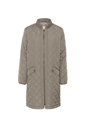 Quilted bomber jacket in light grey fabric with a ribbed collar, front zip, and two side pockets with snap closures.