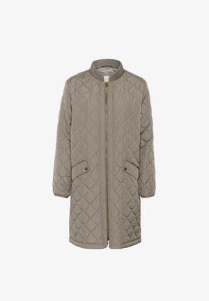 Quilted bomber jacket in light grey fabric with a ribbed collar, front zip, and two side pockets with snap closures.